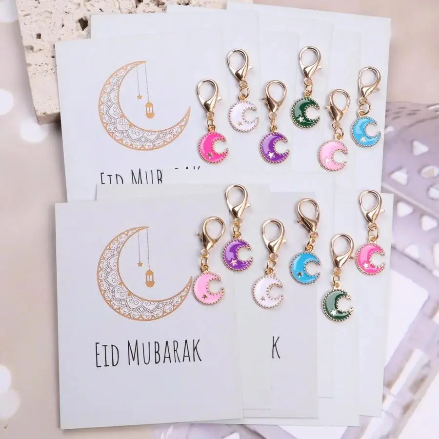 1/5/10/20/50/100pcs Eid Mubarak Gift Set, Unique Moon Print Pocket Hug Card. Eid Gift Distinctive Moon Keychain, Fashionable Uni