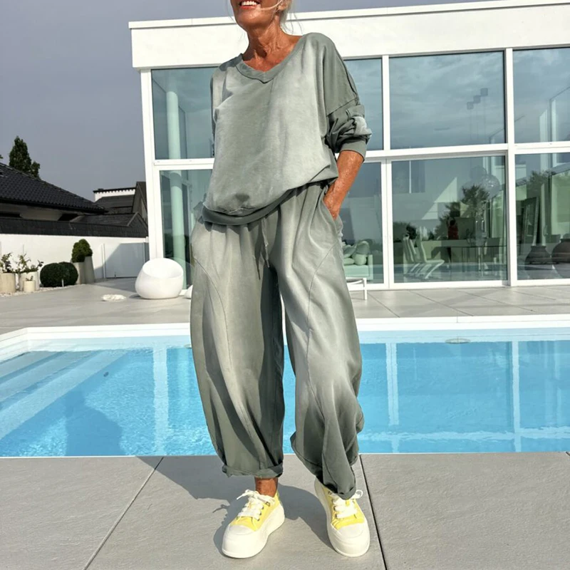 High Street Vacation Fashion Outfits Gradient Color Loose Sports Two Piece Casual O Neck Long Sleeved Top and Pants Women's Set