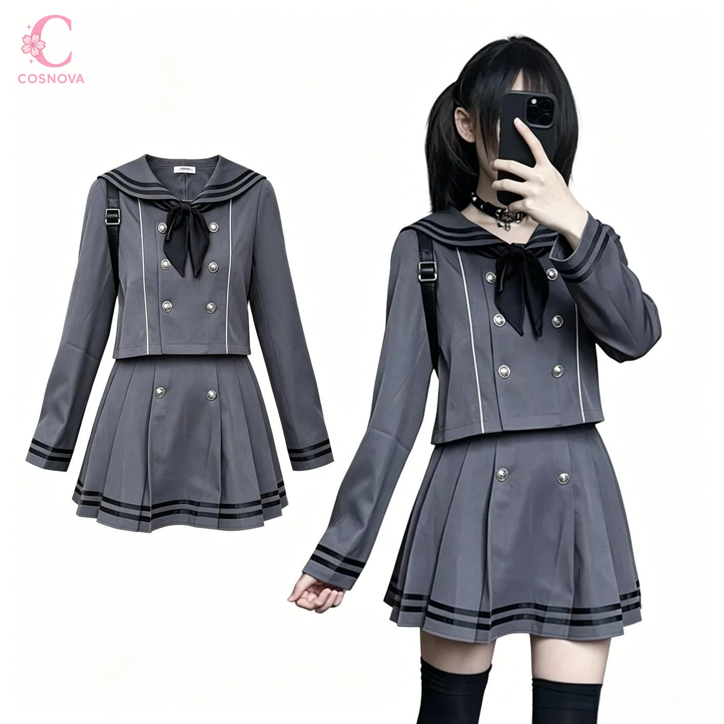 Sailor Style Subculture 2 Piece Sets Women Double Breasted Bow Long Sleeve Pleated Mini Skirt Female Autumn Daily Chic Clothes