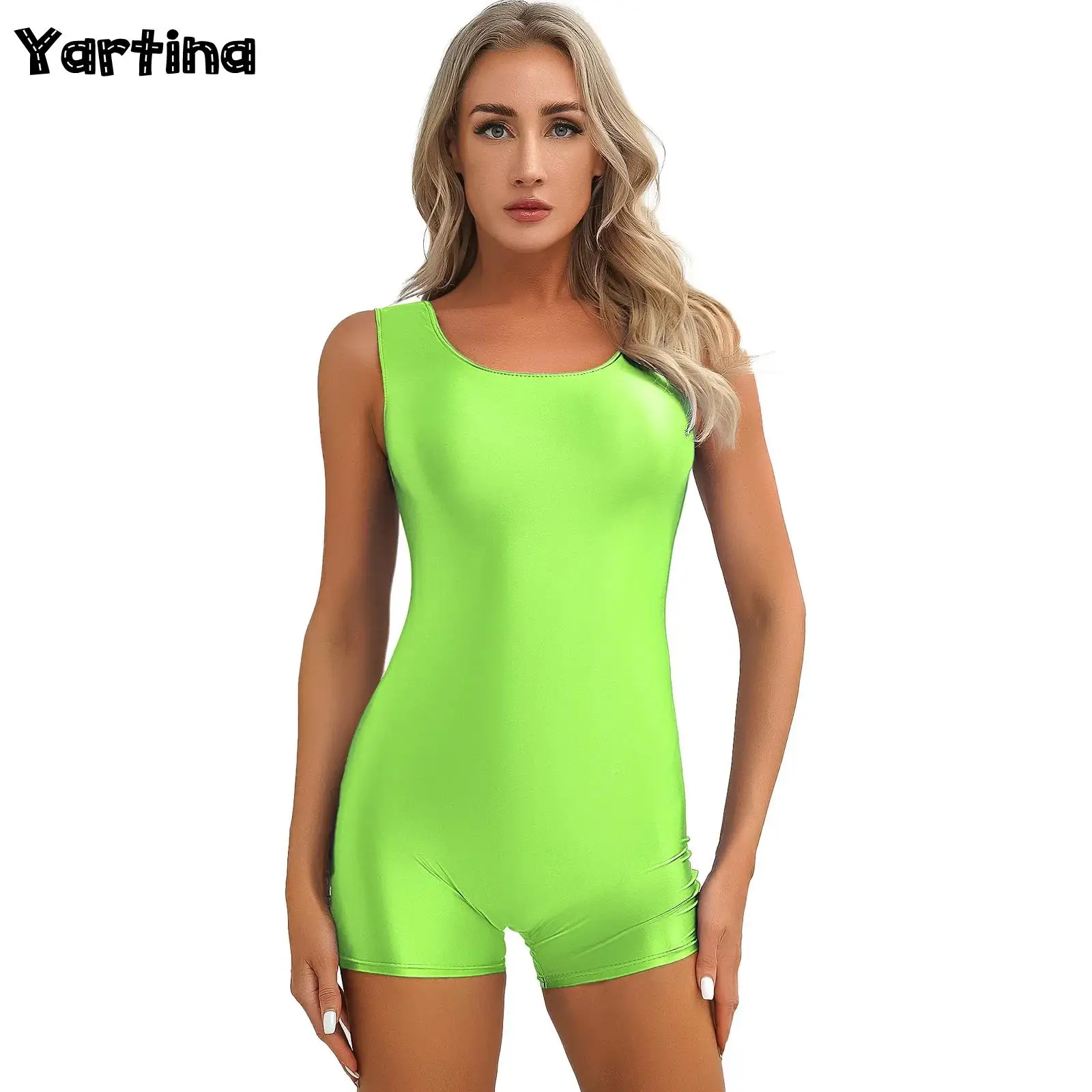 Womens Glossy Sleeveless Short Jumpsuit Solid Color Stretchy U Neck Bodysuit for Yoga Dance Bodybuilding Exercises Swimming Suit