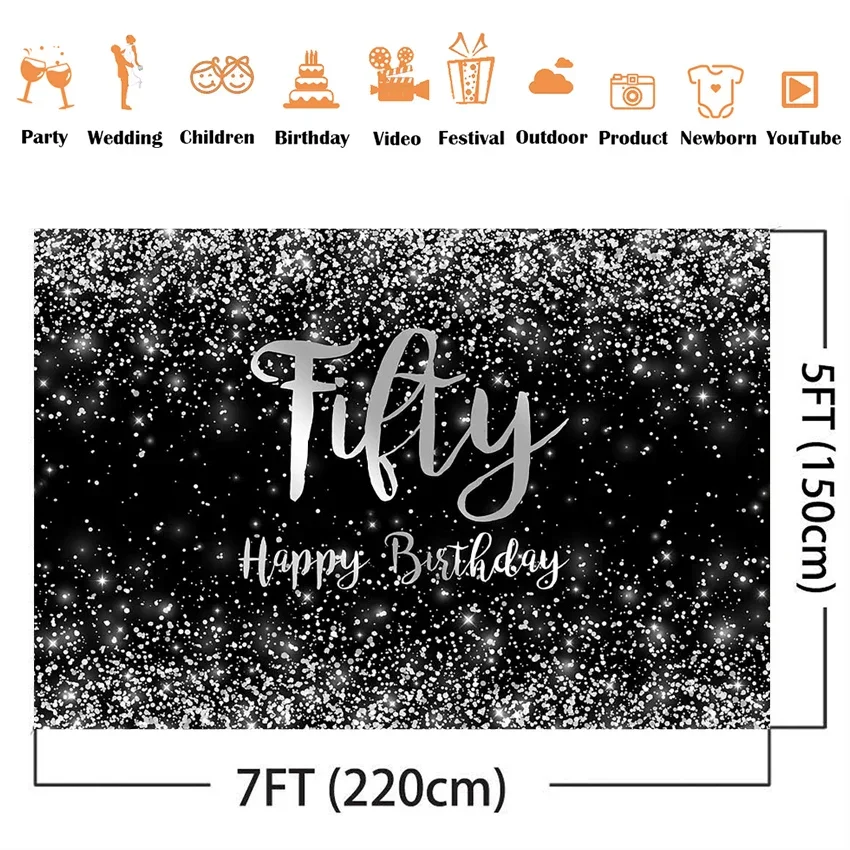 Fifty Fabulous Birthday Backdrop for Party Decoration Supplies Black and Sliver Glitter Dots Photo Booth Background Supplies