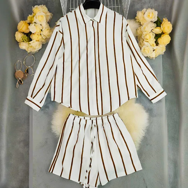 2025 New Women Simple Stripe Long Sleeve Shirt Shorts Set Fashion Casual Comfort Slim Top Bottom Combination