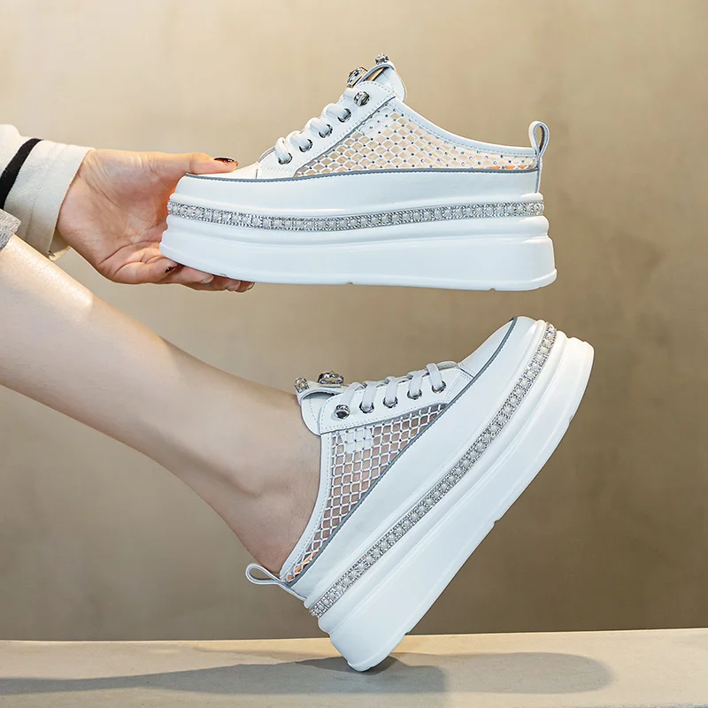 6cm Air Mesh Platform Wedge Genuine Leather Casual Spring Summer Slippers Comfort High Brand Chunky Sneakers Hidden Heels Shoes