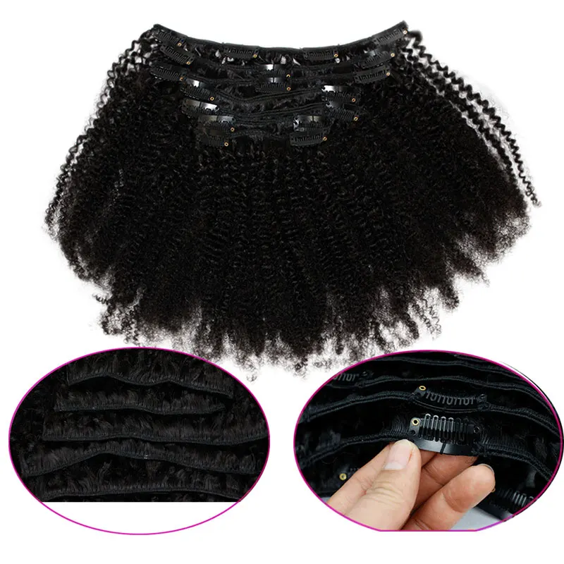 Extensions de Cheveux Humains Brésiliens Vierges Crépus et Bouclés pour Femme, 7 Pièces, Double Trame avec 16 Clips, 120 g