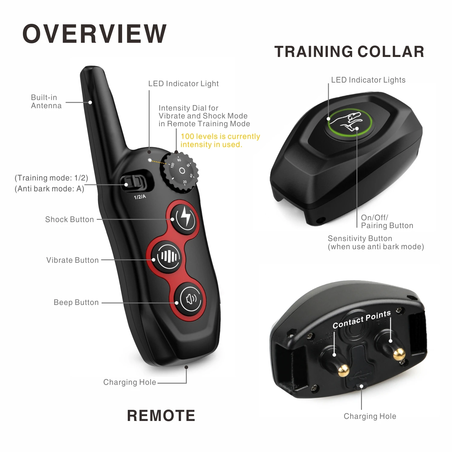 Dog Bark Training Collar 2-in-1, Rechargeable Dog Electric Shock Collar Waterproof, 400m, 1300 ft Remote Control, Pet Product