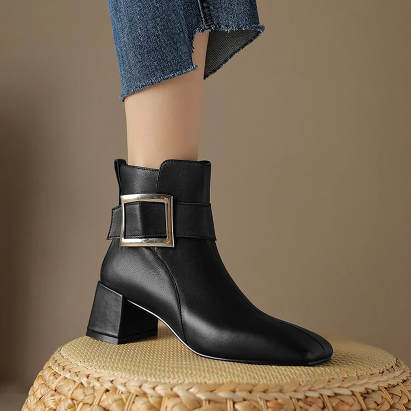 

NEW Autumn Boots Women Genuine Leather Shoes for Women Square Toe Chunky Heel Shoes Casual Zipper Modern Boots Retro Black Boots
