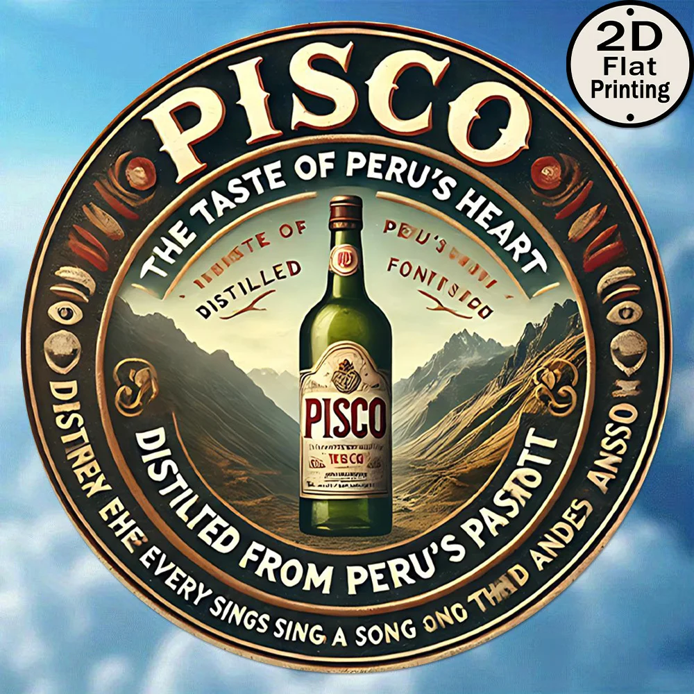 Una cartelera metálica circular retro con diseño de corazón muestra el arte publicitario del vino Lima de Pisco, Perú.