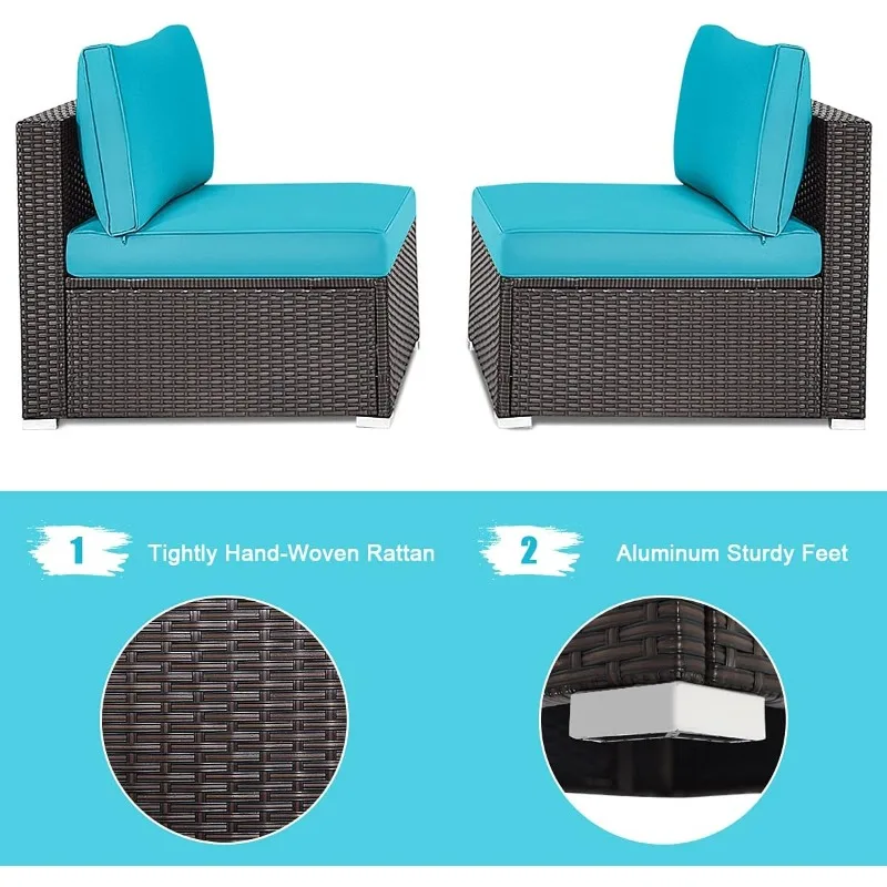 RELAX4LIFE 2-Piece Wicker Armless Sofa - PE Rattan Sectional Sofa Set w/Removable Cushions, All-Weather Sofa Chair (Turquoise)