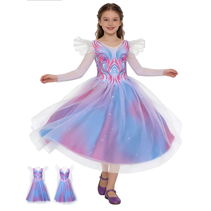 

2026 Girl New Movie Witch Glinda Cosplay Costume Princess Dress Birthday Party Costume Halloween Carnival Kids Purple Mesh Dress