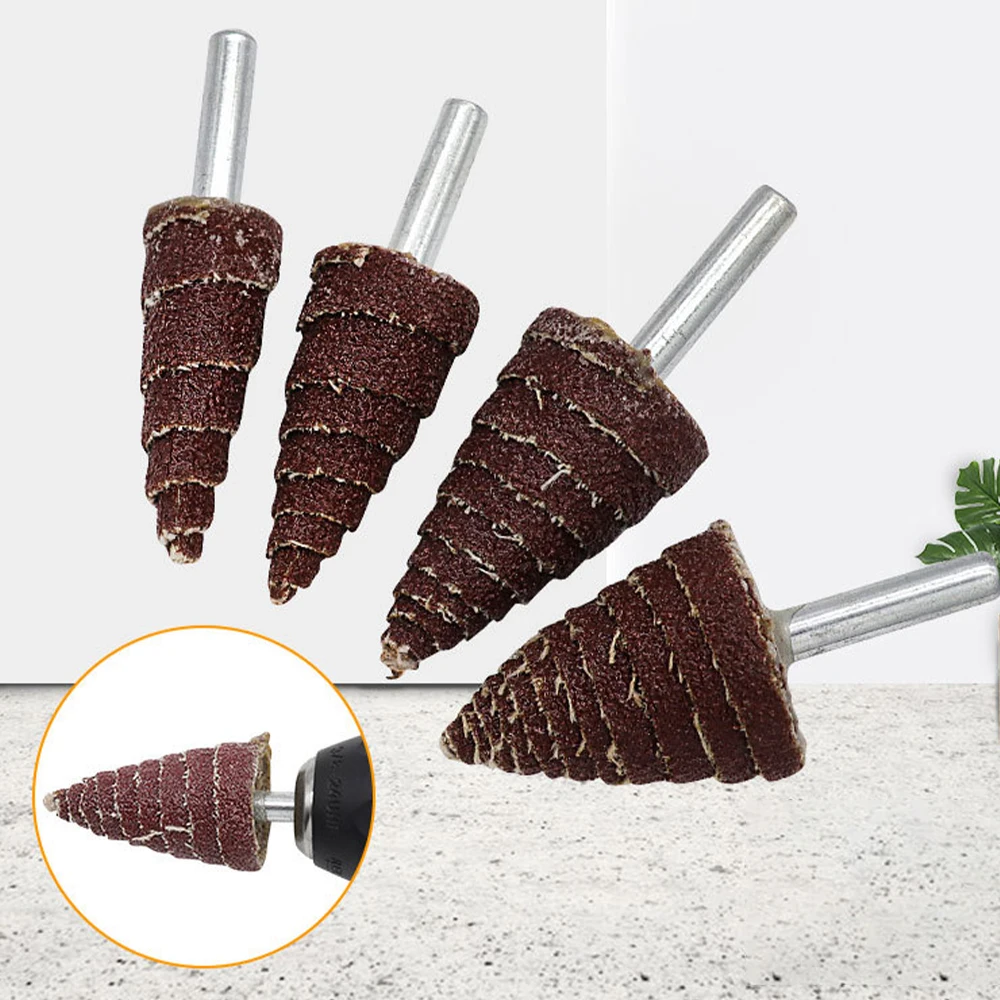 Cabezal de molienda 4 en 1, vástago de 6MM, cabezal de molienda de cono cónico, ruedas de aleta de papel de lija de 15/20/25/30mm, accesorios de herramientas de pulido