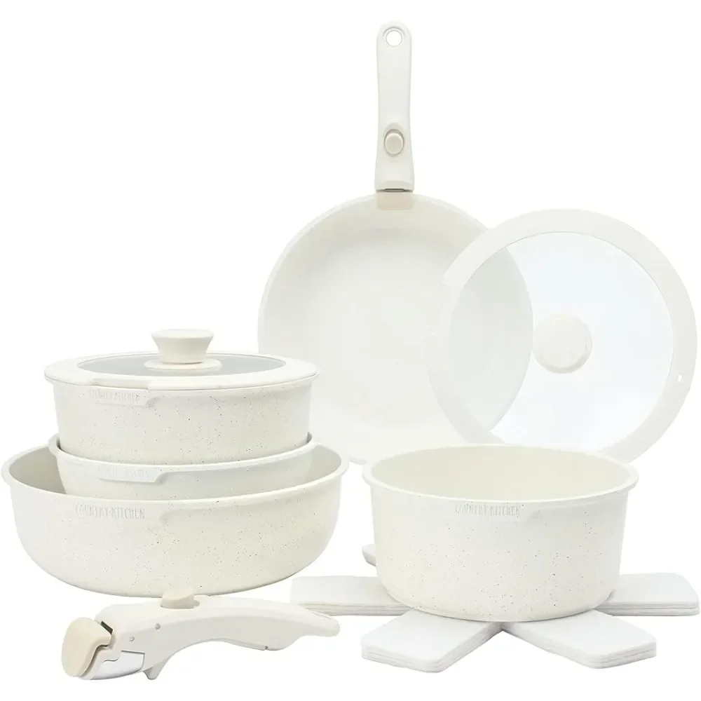 Country Kitchen 13 Piece Pots and Pans Set - Safe Nonstick K with Removable Handle, RV Cookware Set, Oven Safe (Cream)