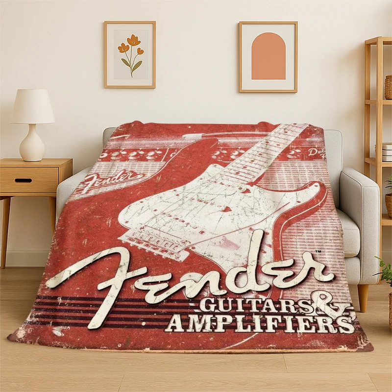 Retro Fender Logo Guitar Instruments Music Flannel Blanket Soft Warm Throw Blanket for Bedroom Living Room Bed Travel Picnic