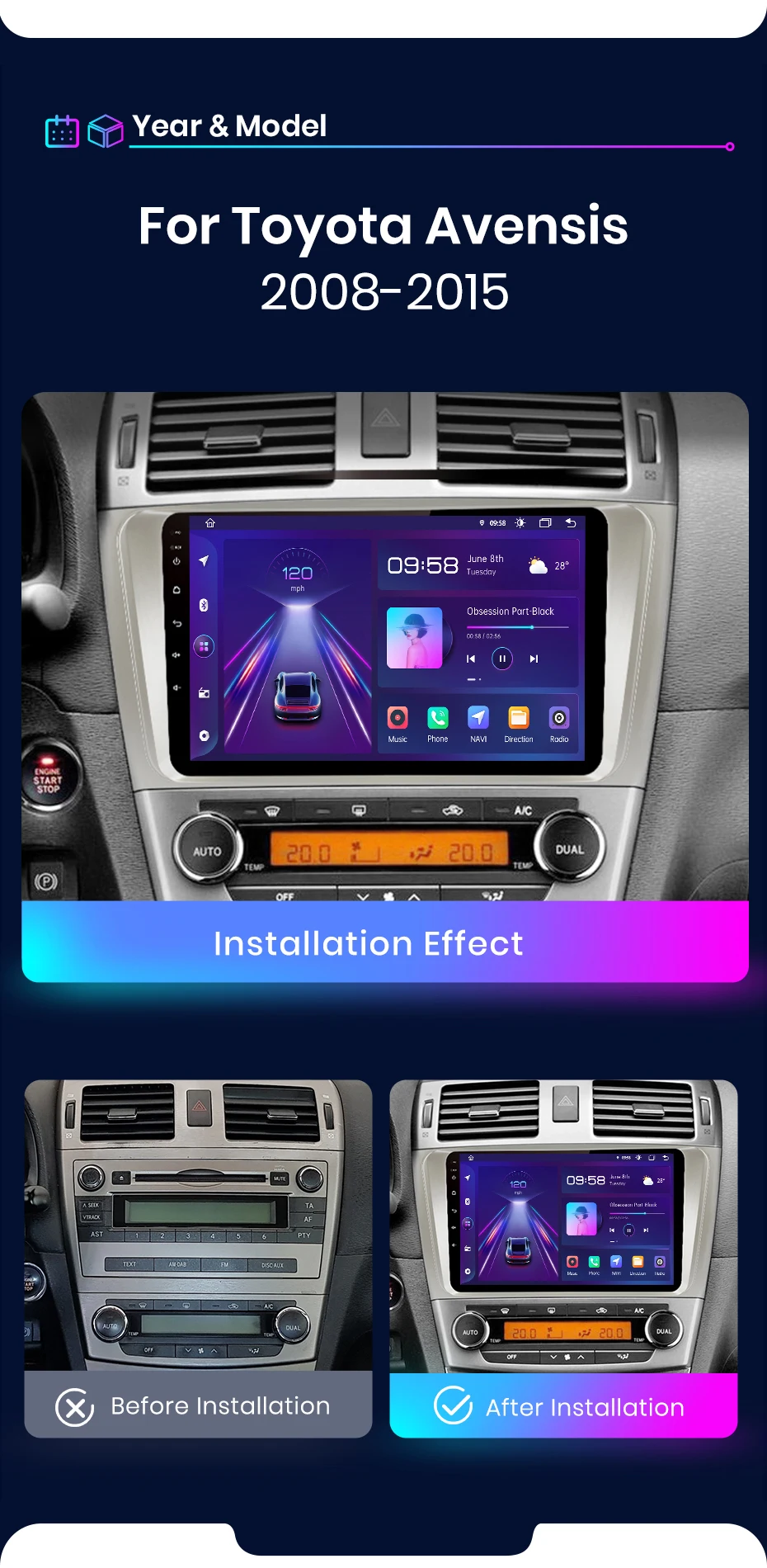 Junsun drahtloses Carplay Android Auto Autoradio für Toyota Avensis T27 2013-2016 intelligente Systeme Stereo Multimedia Autoradio – Detail 5