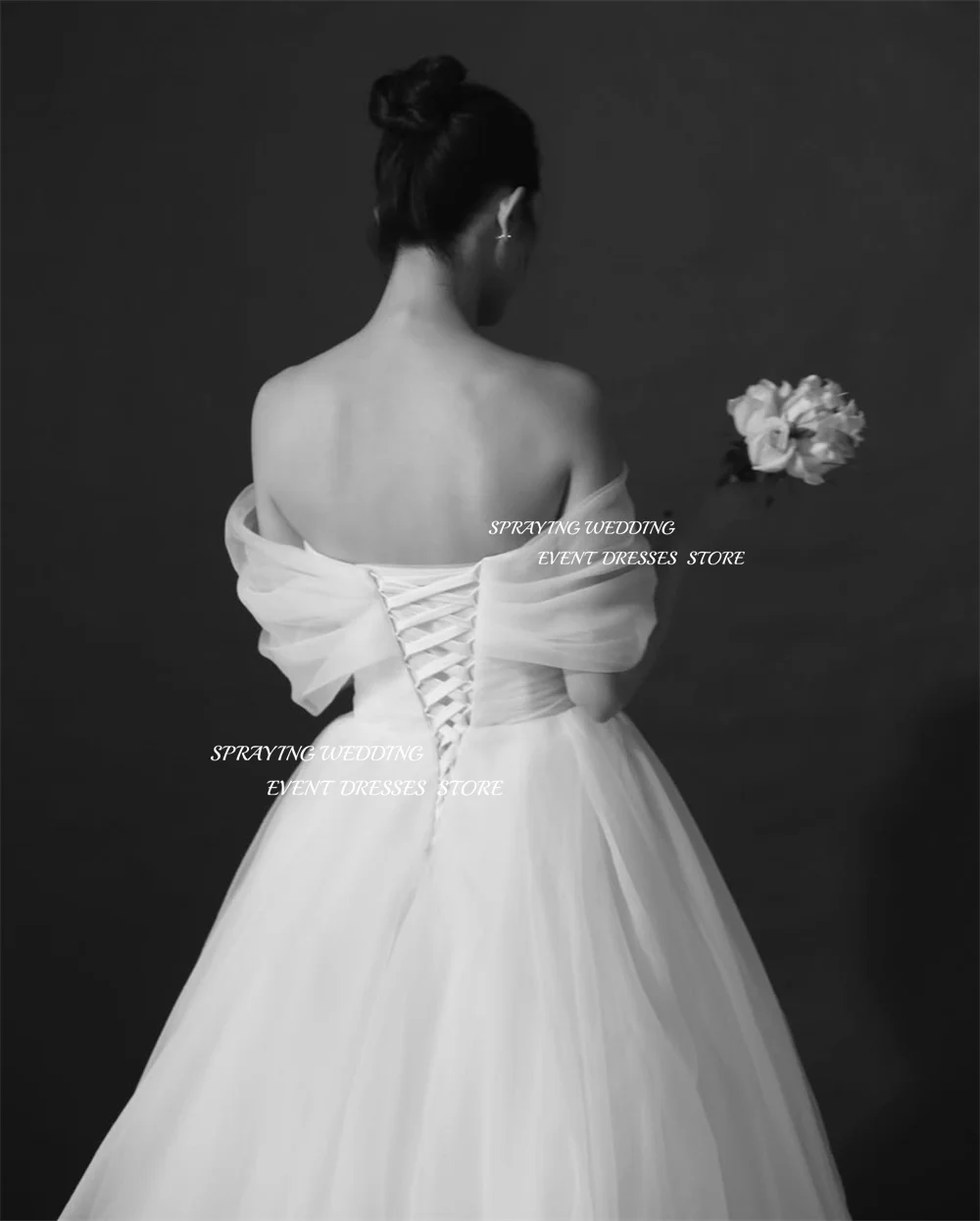 SPRAYING Elegante Marfim Organza Vestido de Noiva Coreia Sessão de Fotos Fora Do Ombro Uma Linha Longo Vestido de Noiva Espartilho Personalizado Dende