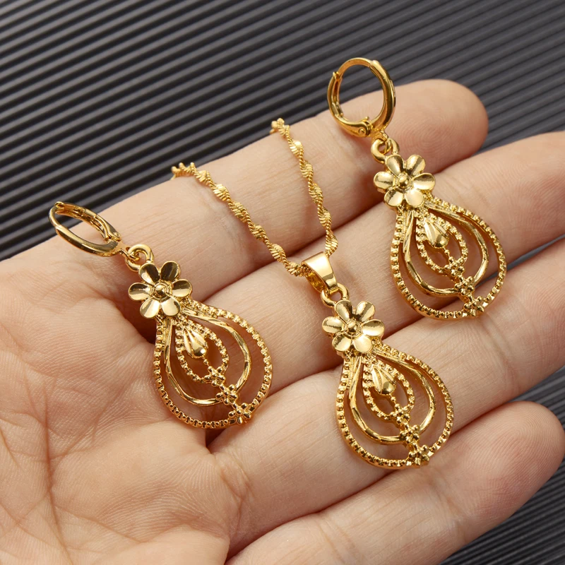 Ethiopian Dubai India  Flower Jewelry Set Jewelry Pendant Chain Earrings African Bride Wedding Flower Bijoux Gifts