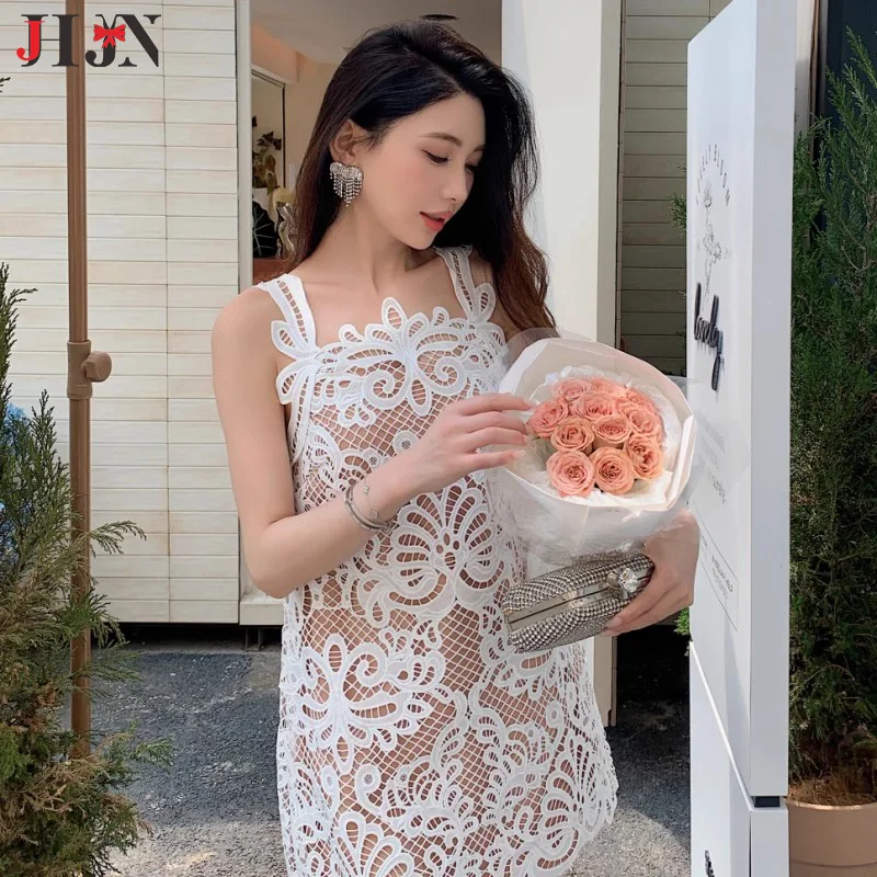 

JHJN Strap Women's Clothing One-Piece Type Heavy Weight Hand Cut Lace A-Word Loose Waist Dress Camisole Short Skirt Dress Luxury