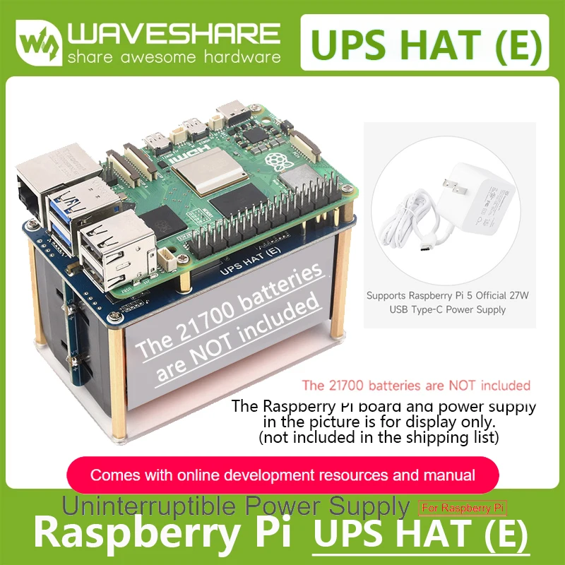 

Raspberry Pi 5 UPS HAT(E) for Raspberry Pi 5/4B/3B+ Uninterruptible Power Supply,4×21700 Li batteries (NOT included),5V6A Output