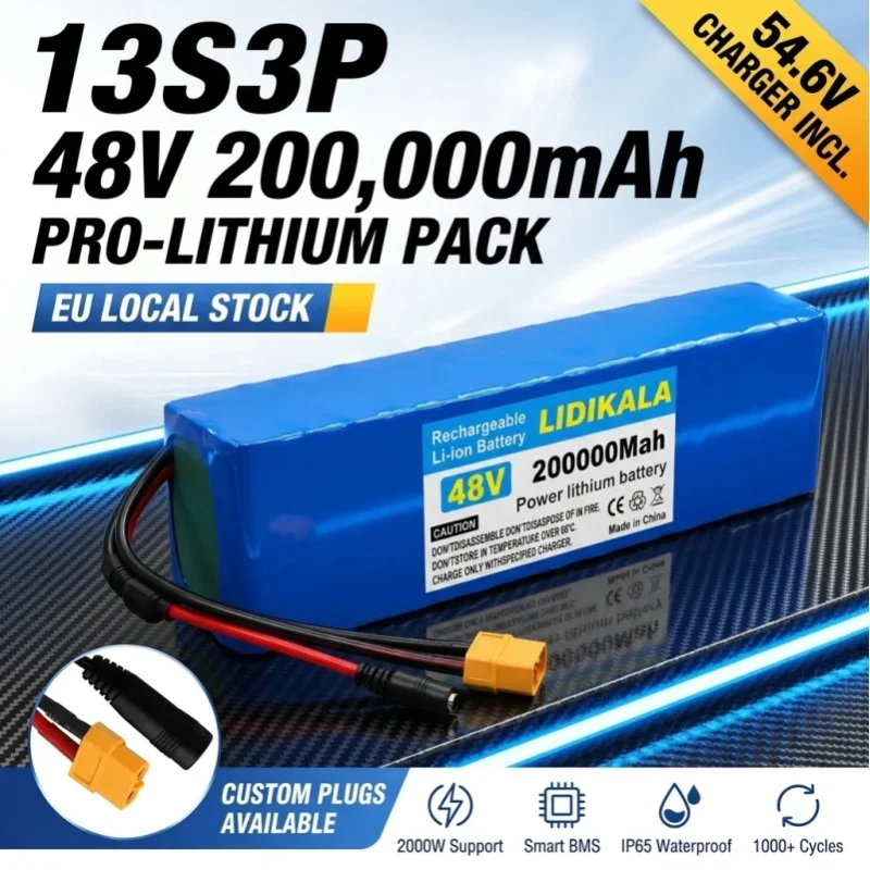 48V 200Ah 200000mAh Lithium-Batterie 13S3P 2000W Spitzenleistung Li-Ionen-Akkupack mit intelligentem BMS für E-Bike und Scooter