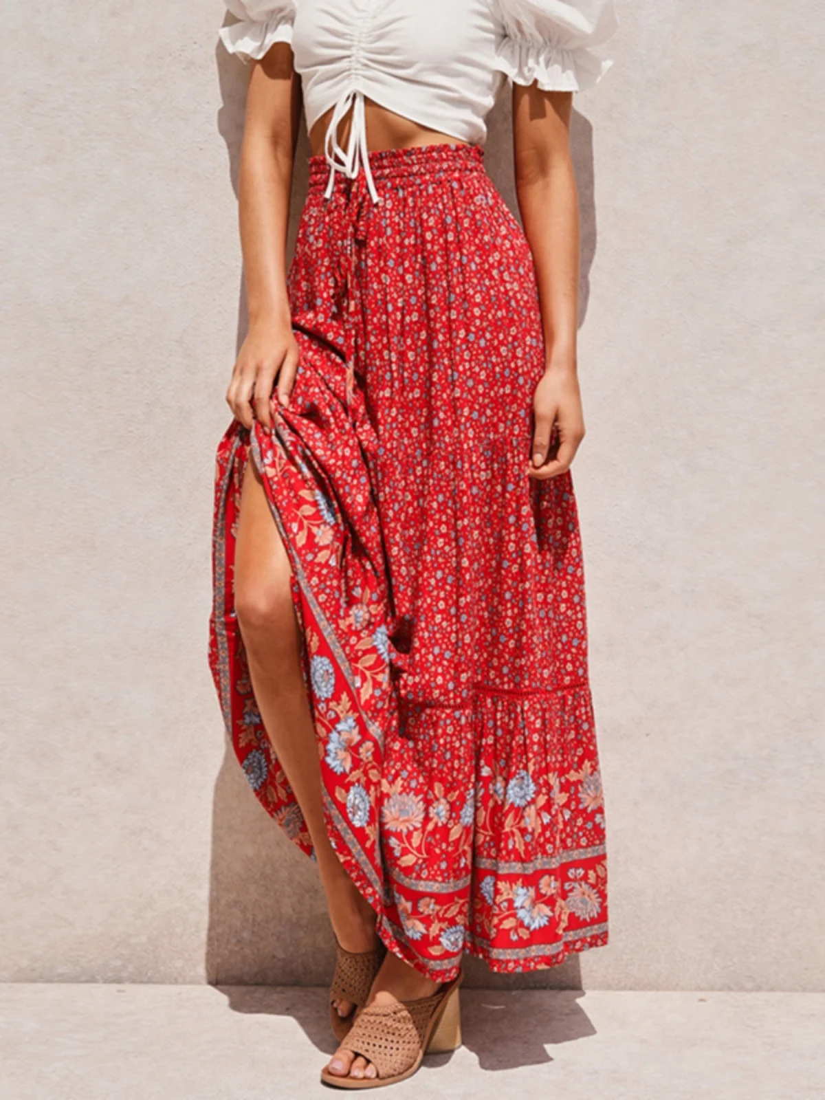 

Bohemian Style Holiday Print Hollow out Belted Elastic A-Line Long Skirt Cotton Silk Beach Half Skirt High Waist Long Dress