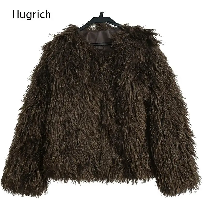 Women Winter Shaggy Faux Fur Outer Jacket Round Neck Long Sleeve Curly Fluffy Short Coat for Daily Wear 3