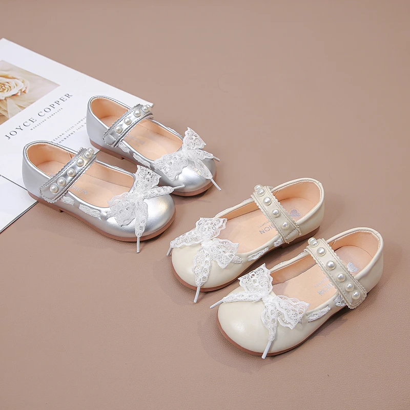 Girls Bow Princess Dress Shoes Sweet Lace Decor Children Leather Shoes School Perform  Lightweight Kids Wedding Party Flat Shoes