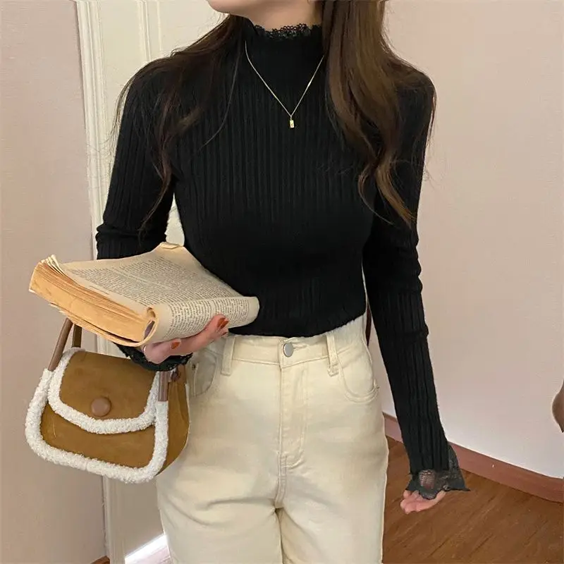 Women\'s Clothing Autumn Winter Korean Fashion Elegant Lace Patchwork Knitwear Solid Long Sleeve Slim Pullover Basic Tops Jumpers