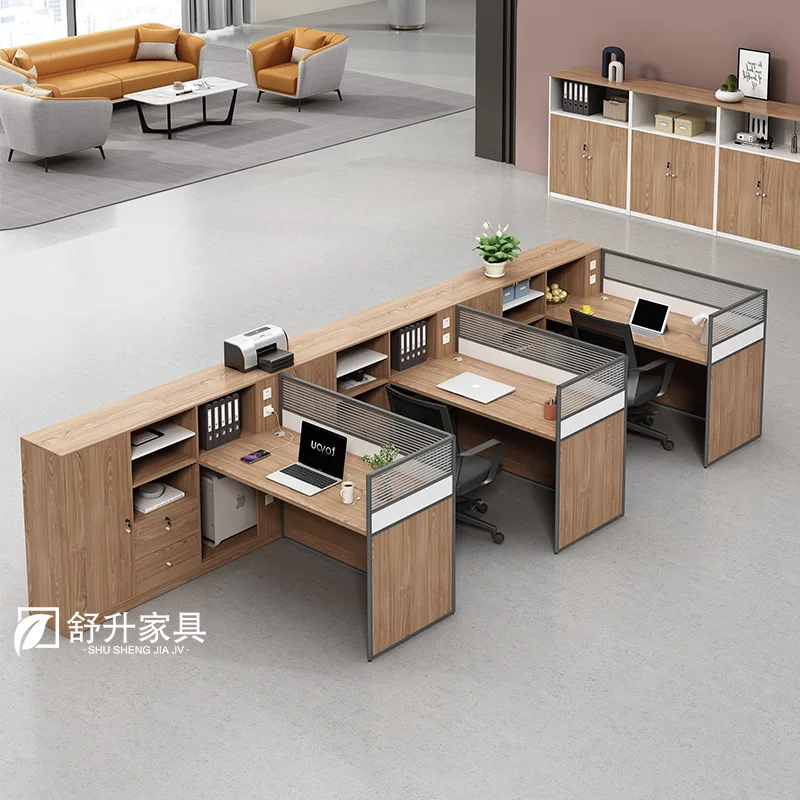 A minimalist modern office desk and chair combination for financial staff, with a 6-seater double seat