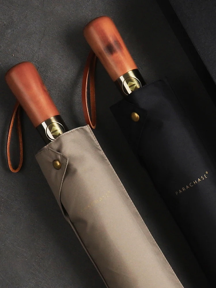 A Big Automatic Umbrella Man Business Style Wind-resistant Foldable Umbrella Windproof Strong Double Layer Wooden Rain Umbrella
