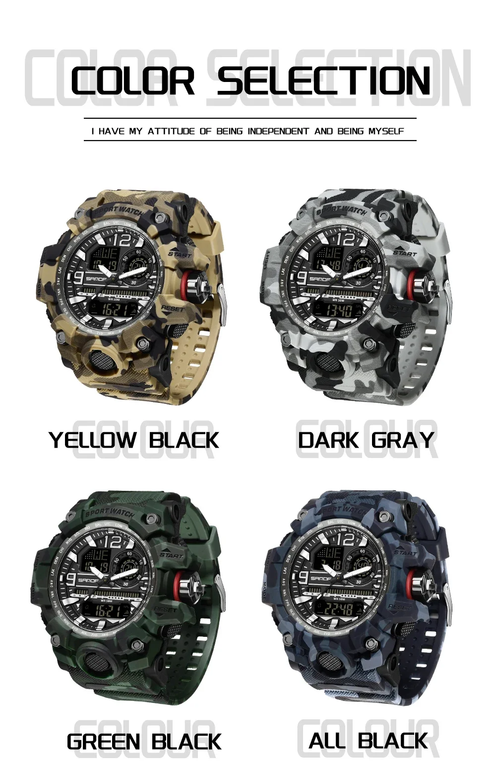 Orologio digitale a LED sportivo da uomo SANDA orologio al quarzo simulato a doppio schermo impermeabile Camo orologio da uomo con temporizzazione militare