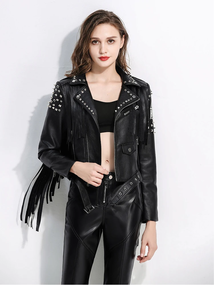 Slim-fit Short Punk Studded Fringed Leather Jacket Women 2024 New Streetwear Black Faux Leather Harley Motorcycle Jacket XXXL