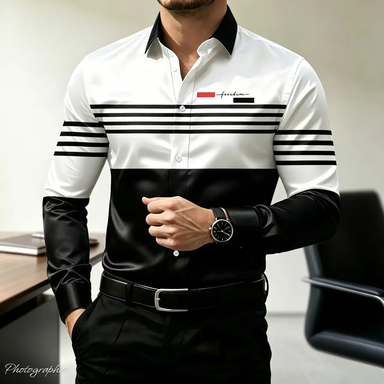 Luxury Men's Satin Silk Dress Shirt Color Block Striped Long Sleeve Freedom Print Business Casual Slim Fit Formal Party Top