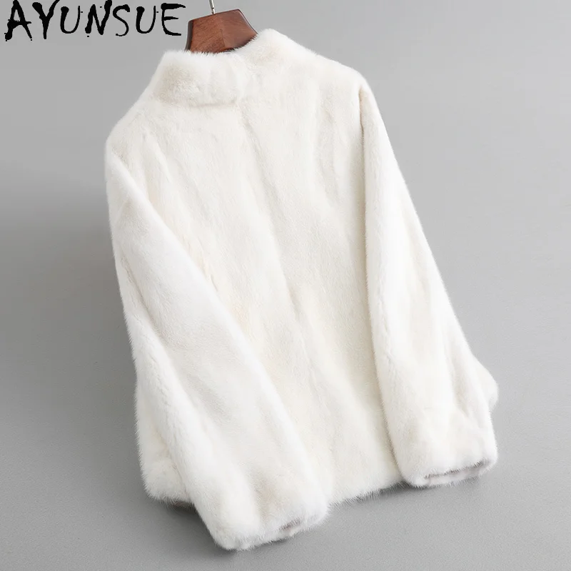 AYUNSUE 천연 밍크 모피 자켓 여성 V넥 긴팔 리얼 퍼 자켓 여성 의류 전체 밍크 고품질 아브리고 무헤르