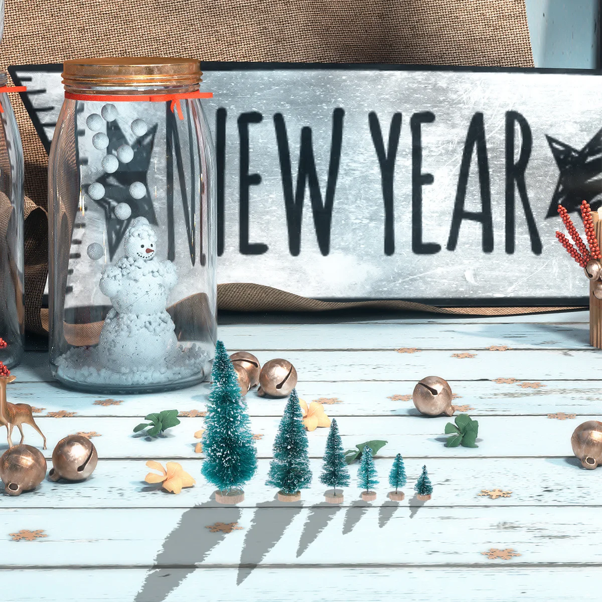 

48Pcs Mini Christmas Trees Bottle Brush Blue Green Pine Snow Effect Wooden Base for DIY Crafts Tabletop Winter Village Party