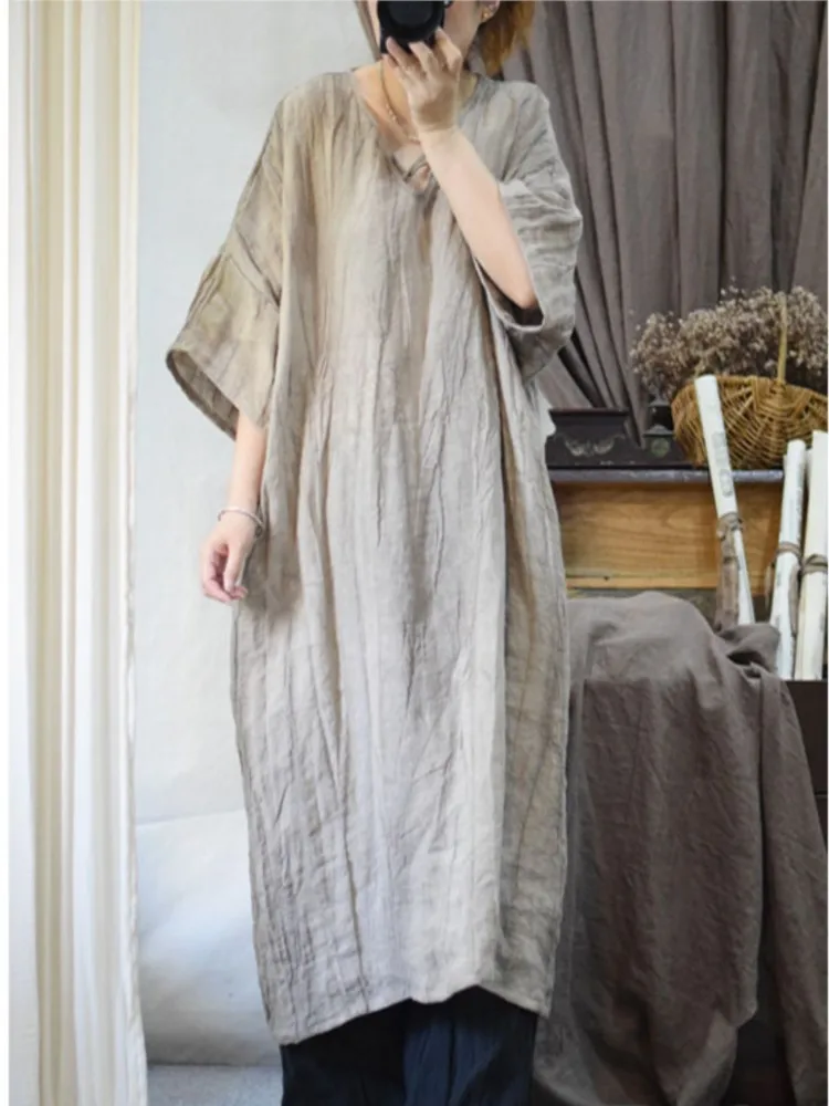 Women Loose Linen Irregular Length V Neck Dress Ladies Vintage Flax Dresses Female Spring Summer Length 2023