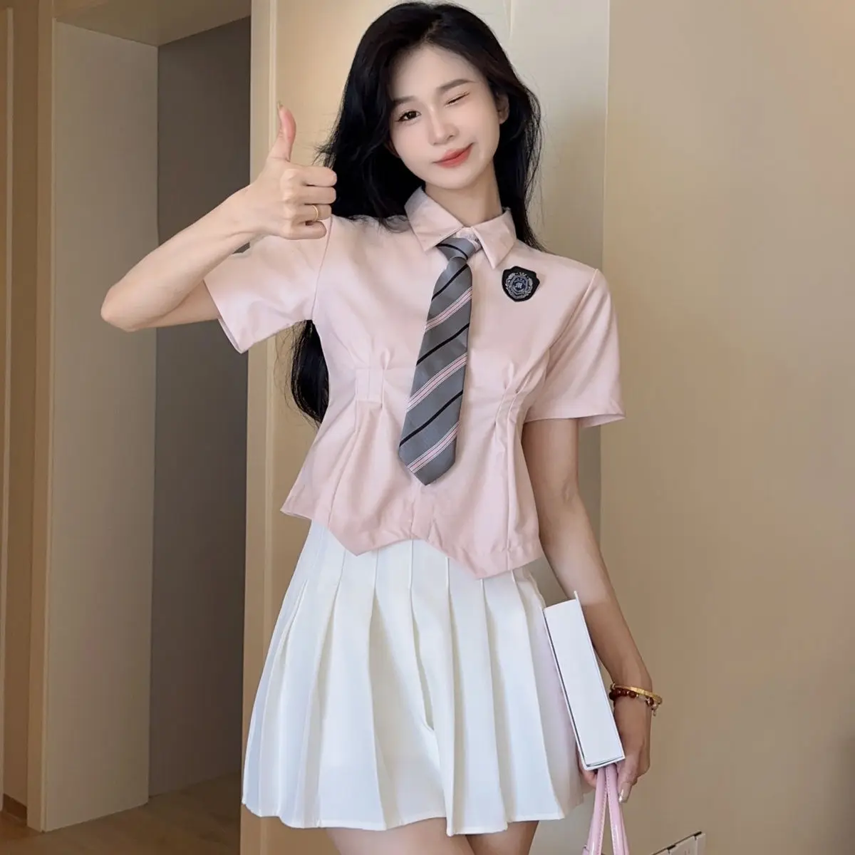 Japan Summer New JK Uniform Women'S Set With Waist Cinched Short Sleeved Shirt Top+Pleated Skirt Two Piece Set For Women