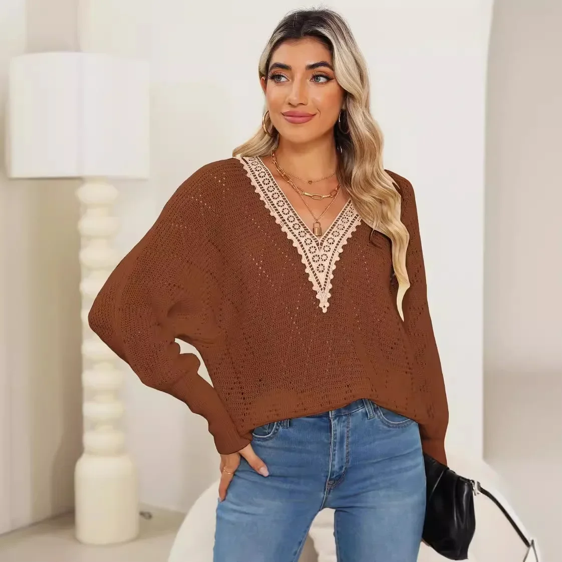 

Women Autumn Hollowed Out Sweater with Lace V-neck Patchwork Sweater Long Sleeve Top M
