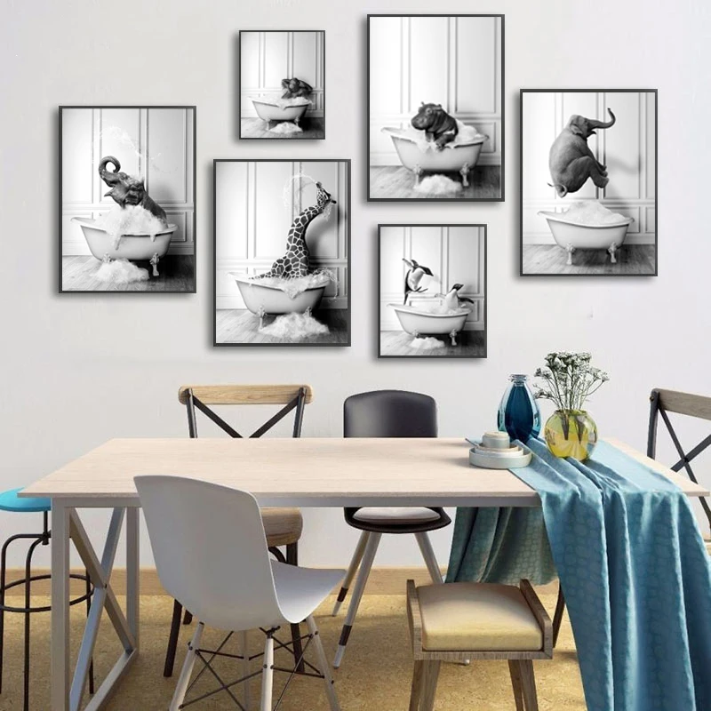 Animals In The Bathtub Posters and Prints Modern Abstract Art Canvas Painting Wall Art Pictures Home Bar Room Decoration