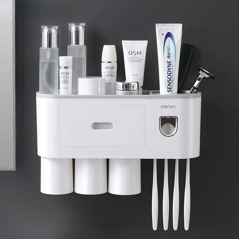 Magnetic Adsorption Inverted Toothbrush Holder Double Automatic Toothpaste Squeezer Dispenser Storage Rack Bathroom Accessories