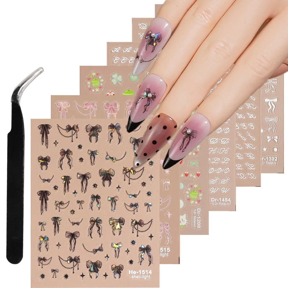 

6pcs 5D Embossed Nail Stickers with Tweezer Cute Cartoon Bow Star Letter Heart Flowers Decals for Women DIY Manicure Supplies