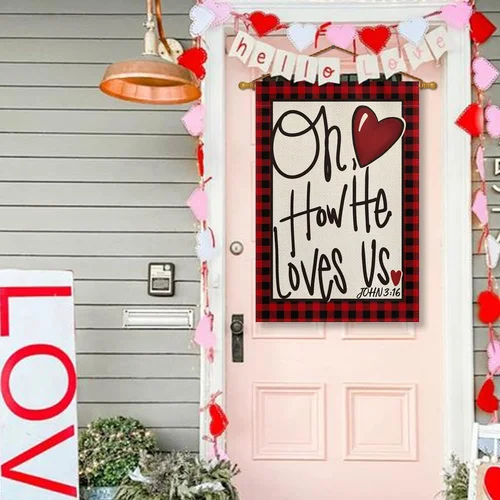 Valentine's Day Double-Sided House Flag 28x40 Inch Red Buffalo Plaid Decor OOV IIC