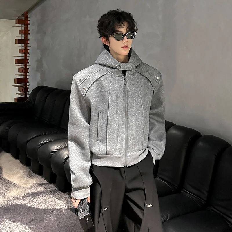 

Autumn Winter Thiened ey Loose Fit oulder Pad Zipper Open Cardigan American Trendy Brand Hooded Thiened Sweatirt Me...