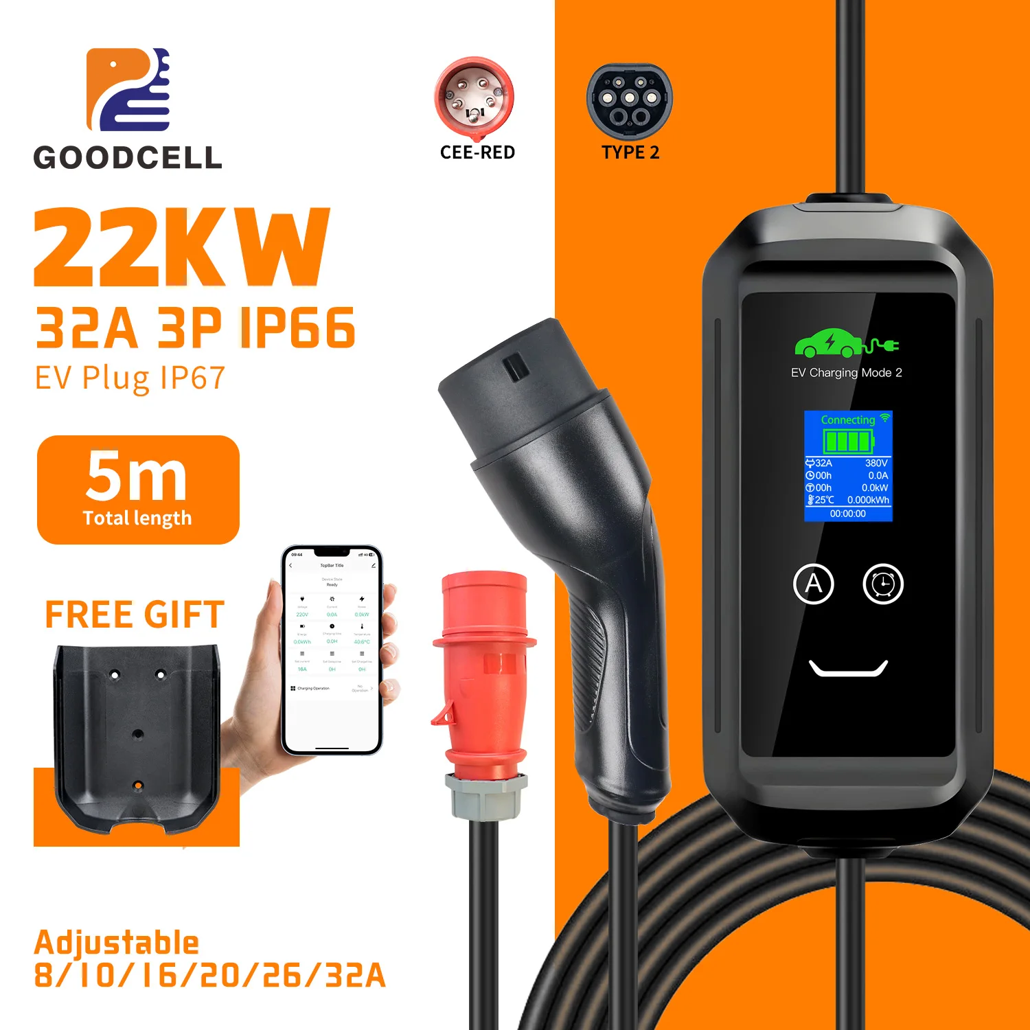 

GOODCELL APP Type2 EV Charger WIFI Bluetooth Support 32A 3P 22KW EU Plug For Home Charge Delay Control By Phone IP66