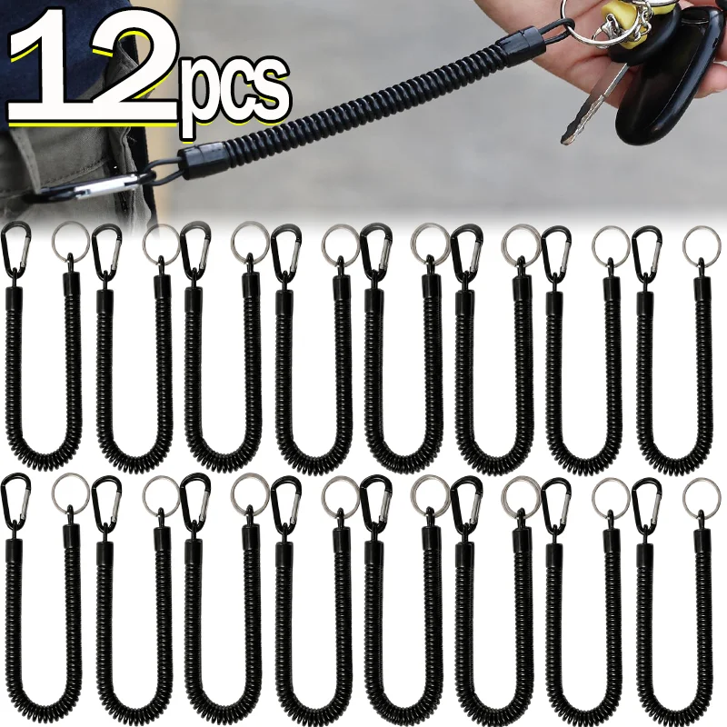 Coiled Spring Lanyard for Fishing Tools Aluminum Alloy Carabiner Clip Anti Lost Keychain Elastic Security Tether Outdoor Hiking