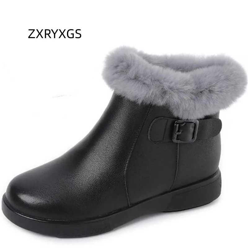 

ZXRYXGS Rabbit Fur Decoration Premium Genuine Leather Boots Flat Warm Comfort Snow Boots 2023 Plus Size Winter Women Shoes Boots