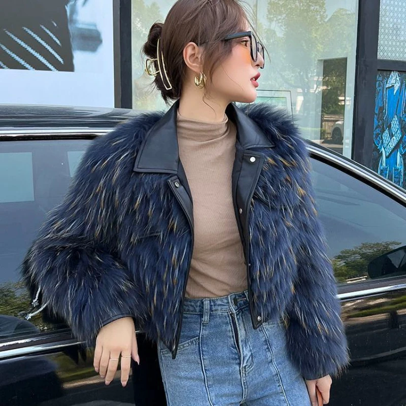 Cao Cấp Giả Gấu Trúc Đan Áo Khoác Da Lót Lông Thu Đông Giả Da Khâu Lông Tơ Áo Khoác Bomber Cổ Gập PU Cardigan