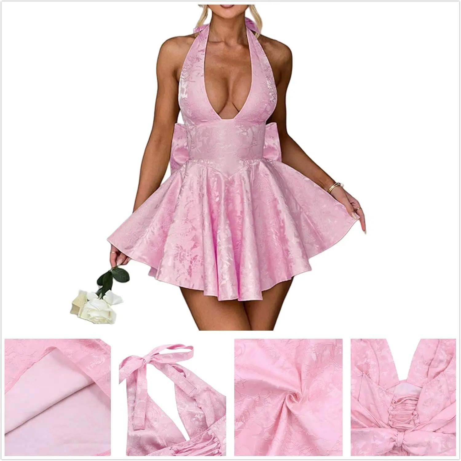 Damen-Kleid aus Satin mit tiefem V-Ausschnitt und Stickerei, A-Linie, Minirock, formelles Tanzkleid mit Fliege, zum Schulanfang, hängender Hals