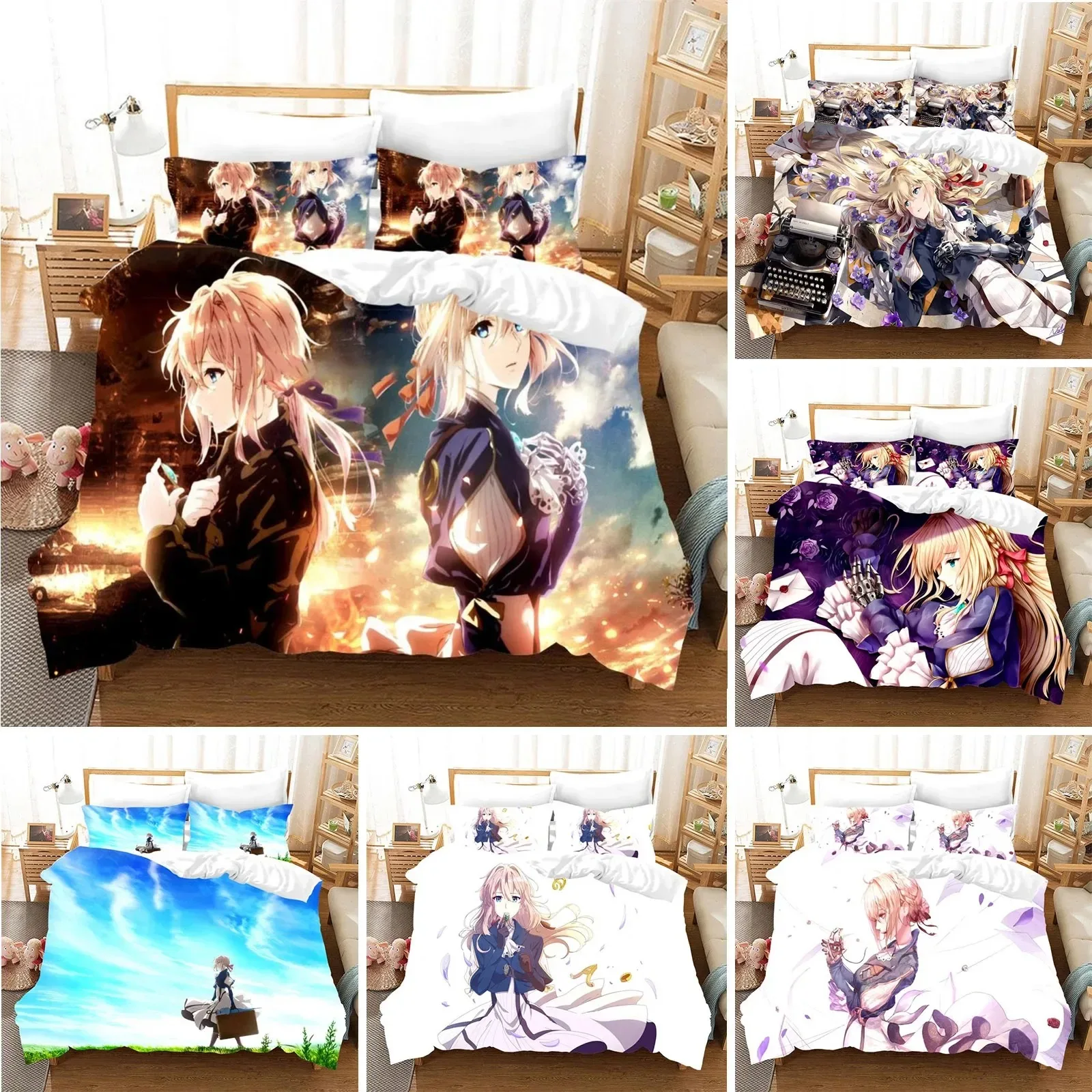 Anime Violet Evergarden 3d Bedding Set Duvet Cover Sets Comforter Japanese Kids Cartoon Boys Bed Linen Queen King Single Size