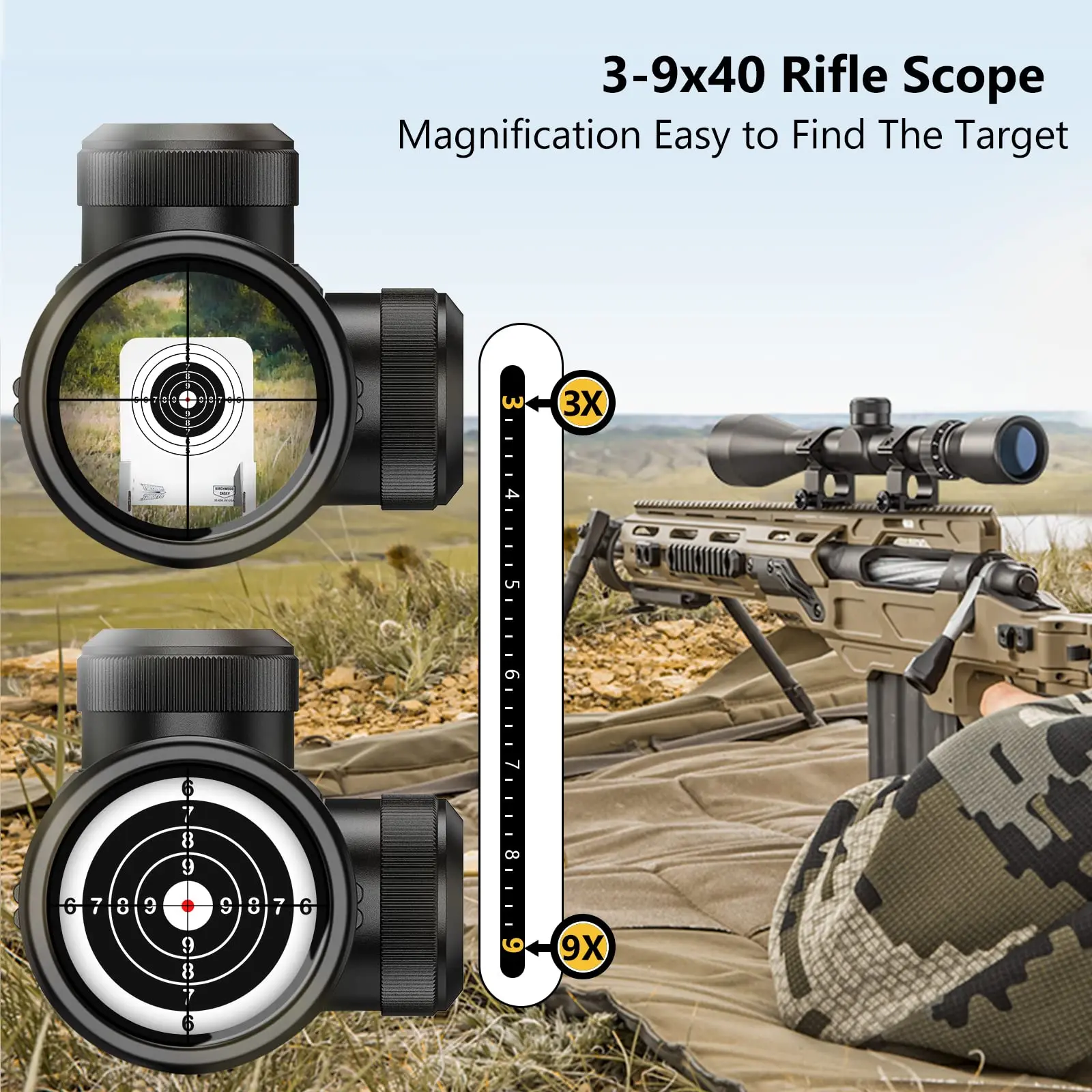 MidTen Rifle Tactical Riflescope 3-9x40 Optics R4 Reticle Crosshair Scope with 20mm Free Rail Mounts Airsoft Hunting Scopes
