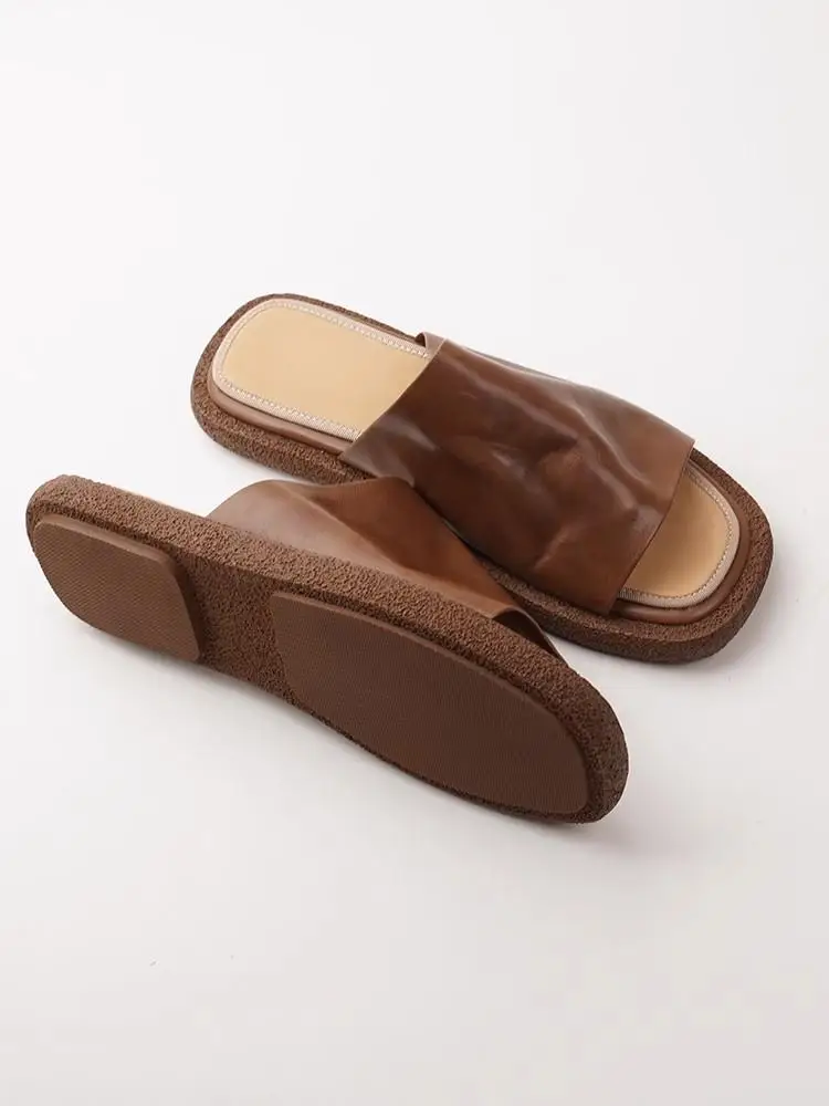 Female Concise Style Genuine Leather Solid Color Slippers Summer Hot Sale Low Heel Flat Comfortable Handmade Cowhide Footwear