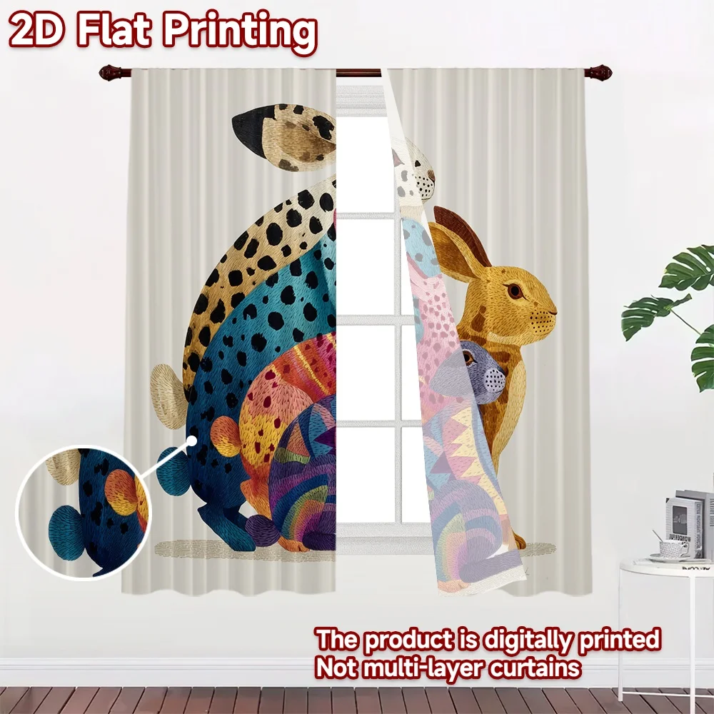2D Flat Printing,2pcs Colorful Rabbit Collection Popular Window Curtain Durable 100% Polyester Fabric Curtains Versatile All
